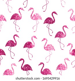 Vector cute seamless pattern with sparkle pink glitter flamingo silhouettes on white background