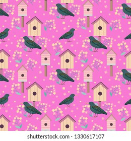 Vector cute seamless pattern with starlings, blossom branches and birdhouses