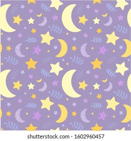 Vector cute seamless pattern with starry night sky; colorful isolated elements on light purple background: moons, stars, leaves.