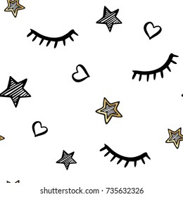 Vector cute seamless pattern with stars and hearts, closed eyes, lashes. Beauty vector hand drawn illustration