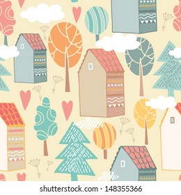 Vector cute seamless pattern "Sweet home" with colorful house, trees and clouds. Seamless concept pattern in vintage style.