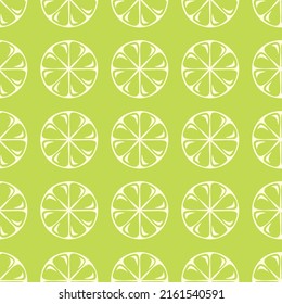 Vector cute seamless pattern. White outline of a lemon slice on a green background. Cute pattern for packaging, paper, design. Modern Linear Art
