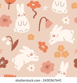 Vector cute seamless pattern with white bunny and simple stylized flowers. Easter rabbit seamless fabric design. Kids illustrated animals on pink background. Simple kawaii bunny illustration.