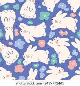 Vector cute seamless pattern with white bunny and simple stylized flowers. Easter rabbit seamless fabric design. Kids illustrated animals on blue background. Simple kawaii bunny illustration.