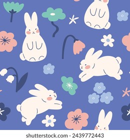 Vector lindo patrón sin fisuras con conejito blanco y flores estilizadas simples. Diseño de tela sin costuras de conejo de Pascua. Los niños ilustraron animales sobre fondo azul. Ilustración de conejito kawaii simple.