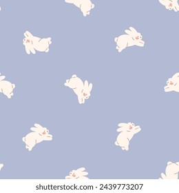 Vector lindo patrón sin fisuras con conejito blanco. Diseño de tela sin costuras de conejo de Pascua. Los niños ilustraron animales sobre fondo lila claro. Ilustración de conejito kawaii simple.