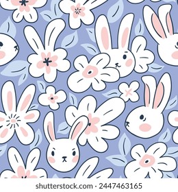 Vector lindo patrón sin costuras con conejito blanco y flores estilizadas simples. Diseño de tela sin costuras de conejo de Pascua. Los niños ilustraron animales sobre fondo azul. Ilustración de conejito kawaii simple.