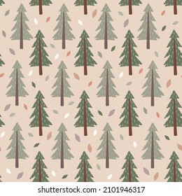 Vector cute seamless pattern withs pruce, decorative elements and soft pastel colors