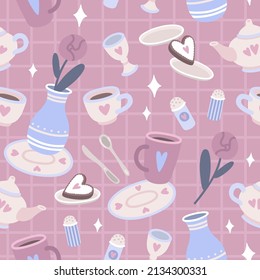 Vector cute seamless pink pattern with kitchenware, pastel colors, flowers and cookie