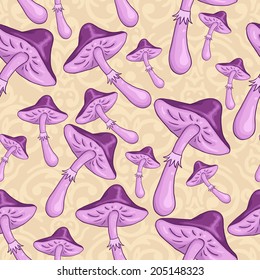 Vector cute seamless sketch purple mushrooms background