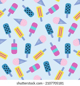 Vector cute seamless summer pattern with hand drawn ice cream for summer prints on blue background , sweet desserts. Summer holidays with popsicles, ice cream cones . Cartoon sweet food vector texture