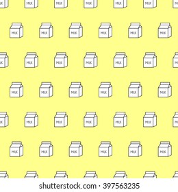 Vector cute seamless yellow background. Illustration black and white milk packs