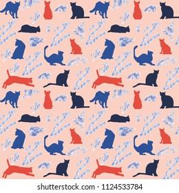 vector cute seamless-background with colorful cats and splashes in cartoon style