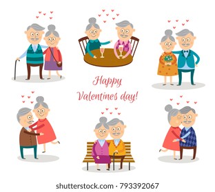 Vector cute senior couples in love dating at valentine's day set. Flat elderly characters in casual clothing hugging, embrasing expressing care, positive emotions. Isolated illustration.
