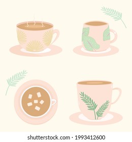 Vector - Cute set of 4 hot coffee or Chocolate cup with plant leaves. Object. Lovely, vintage. Clip art. Can be use decorate any web, sticker, icon, logo, banner,  sticker.
