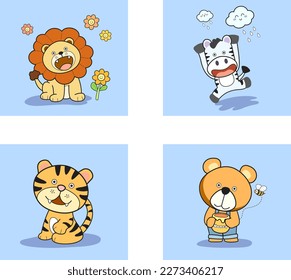 Vector cute set of animals, animal isolates in cartoon flat style.
