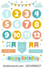Vector cute set with Birthday color decor for a baby