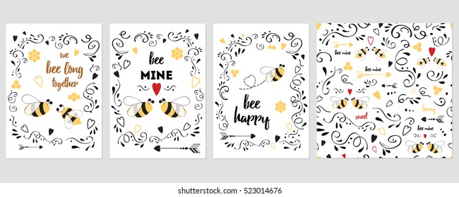 Векторный милый набор день рождения, приветствие, приглашение и день Святого Валентина открытка украшены пчела, мед, сердца, любовь, стрелка Также один бесшовный шаблон для обоев или баннер дизайн, сделанный на стиле мультфильма