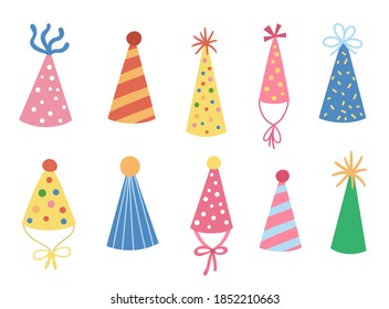 Vector cute set of birthday hats. Funny b-day accessory for card, poster, print design. Bright holiday illustration for kids. Pack with cheerful celebration icons isolated on white background.

