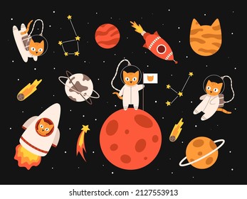 Un juego de vectores lindo con gatos en el espacio. Gatos astronautas y planetas. Cohetes, cometas y constelaciones espaciales. Galaxia en colores naranja y rojo.