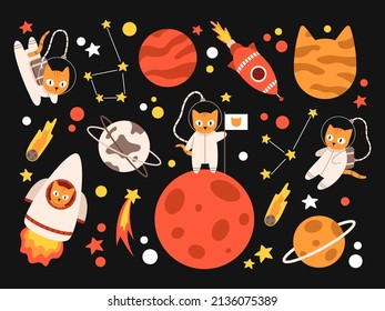 Vector cute set with cats in space. Astronaut cats and planets. Space rockets, comets and constellations. Galaxy in orange and red colors.