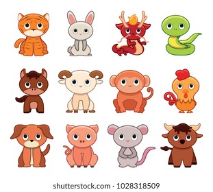 Vector cute set chinese zodiac colorful contoured isolated