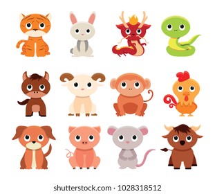 Vector cute set chinese zodiac colorful  isolated