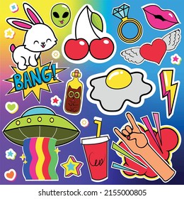 Vector, cute set, collection with funny, cartoon characters of hare, ufo, lips, heart, cherry, egg, diamond ring, soda in glass, lightning, green alien, cat. Modern, trendy pop art background.
