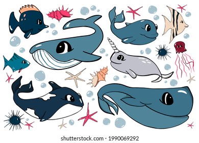 Vector cute set of design elements of the underwater world. Vector illustration in cartoon style. Can be used as stickers, to decorate children's rooms.