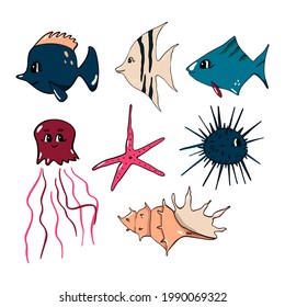 Vector cute set of design elements of the underwater world. Vector illustration in cartoon style. Can be used as stickers, decals, to decorate children's rooms. Colored fish, shell, sea urchin