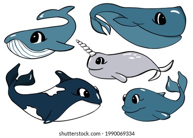 Vector cute set of design elements of the underwater world. Vector illustration in cartoon style. Can be used as stickers, decals, to decorate children's rooms. Whales, dolphin, narwhal