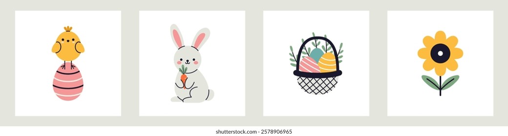 Vector cute set of easter illustration in flat design. Eggs, chick rabbits and bunnies elements. Collection of easter illustrations.