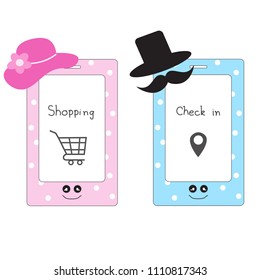 Vector - Cute set of flat cartoon mobile or smartphone woman and man. illustration character icon. Shopping online and Check in. Social concept. Can be use for decoration, web, advertising.