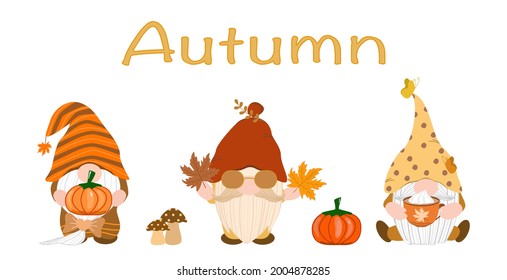 Vector  - Cute Set of Gnome holding pumpkin, maple leaves and hot coffee cup. Autumn (Fall), Thanksgiving season. Can be use decorate any card, sticker, print, web.