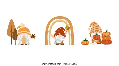 Vector  - Cute Set of Gnome holding pumpkin, maple leaves. Autumn (Fall) season. Can be use decorate any card, sticker, print, web.