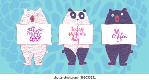 Vector cute set of hand drawing bears card background template