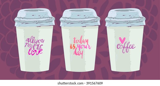 Vector cute set of hand drawing take away coffee cup illustration background 