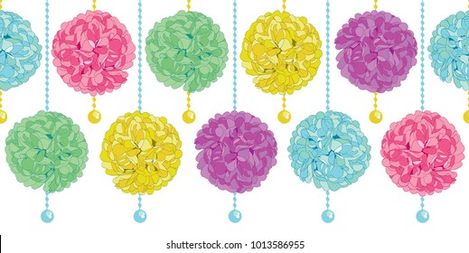 Vector Cute Set of Hanging Pastel Colorful Birthday Party Paper Pom Poms and Beads Horizontal Seamless Repeat Border Pattern. Great for handmade cards, invitations, wallpaper, packaging, nursery