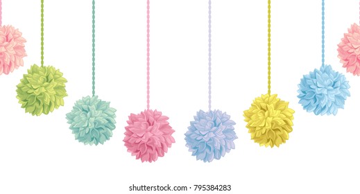 Vector Cute Set of Hanging Pastel Colorful Birthday Party Paper Pom Poms Set Horizontal Seamless Repeat Border Pattern. Great for handmade cards, invitations, wallpaper, packaging, nursery designs.