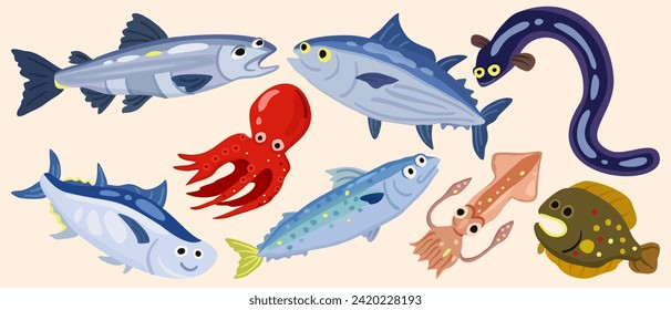 Vector cute set of marine animals. Salmon, bonito, freshwater eel, tuna, octopus, mackerel, squid, flounder.