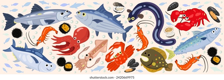 Un bonito conjunto de vectores de animales marinos. Salmón, bonito, anguila de agua dulce, atún, pulpo, caballa, calamar, flor, gambas, cangrejo, langosta.