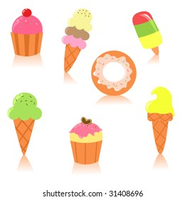 Vector cute set of muffins and ice creams
