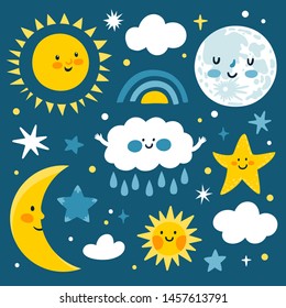 Vector cute set of night icons: full moon, sun, clouds, stars and sparkles. Sticker collection with smiling moon. Night background with cozy elements. Bedtime stories. Children background.