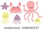 Vector cute set with sea animals. Nautical collection with octopus, crab, jellyfish and starfish. Inhabitants of the sea world in flat design. Cute ocean animals. 