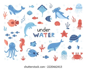 Vector cute set with sea animals. Marine collection with whale, dolphin, octopus, narwhal, jellyfishes and other fish. Shells and algae. Inhabitants of the sea world in flat design.