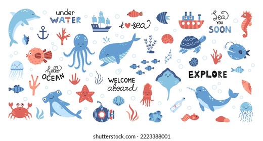 Conjunto vectorial lindo con animales marinos, botes y letras. Colección marina con ballenas, delfines, pulpos, narballenas, submarinos y barcos. Conchas y algas. Habitantes del mundo marino en diseño plano.