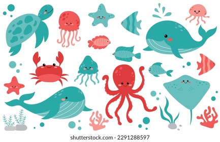 Vector cute set with sea animals and algae. Marine collection with whale, octopus, fish, crab, jellyfish, turtle, starfish and stingray. Inhabitants of the sea world in flat design. Cute sea animals.