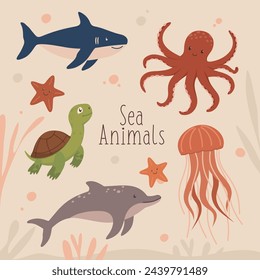 Vector cute set with sea animals. Inhabitants of the sea world in flat design. Cute sea animals.