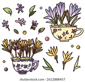vector cute set with small garden flowers. hand drawn spring flowers