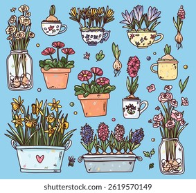 vector cute set with small garden flowers. hand drawn spring flowers